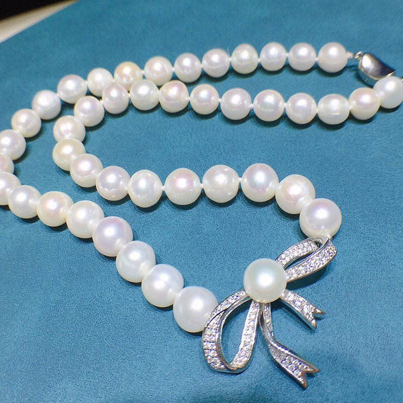 Natural freshwater pearl necklace female white bow niche design