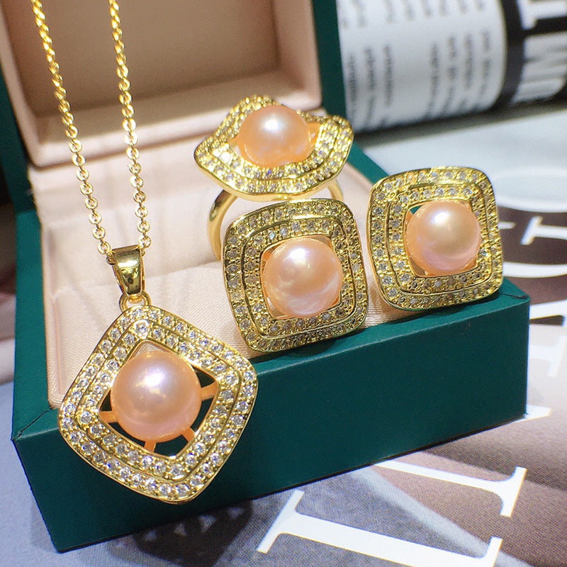 High Luster Freshwater Pearl Set - 18k Gold, Micro-Pave Diamonds, Holiday Gift