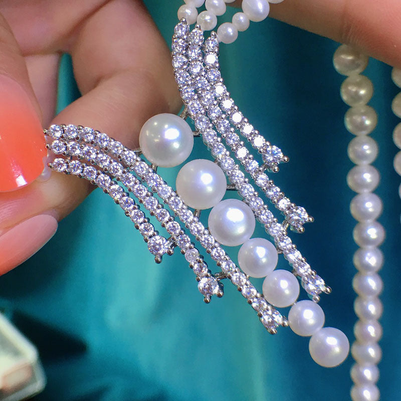 Natural freshwater pearl necklace 5--6mm rhinestone short evening dress bridal jewelry