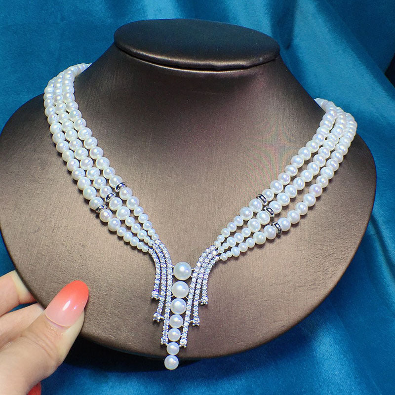 Natural freshwater pearl necklace 5--6mm rhinestone short evening dress bridal jewelry