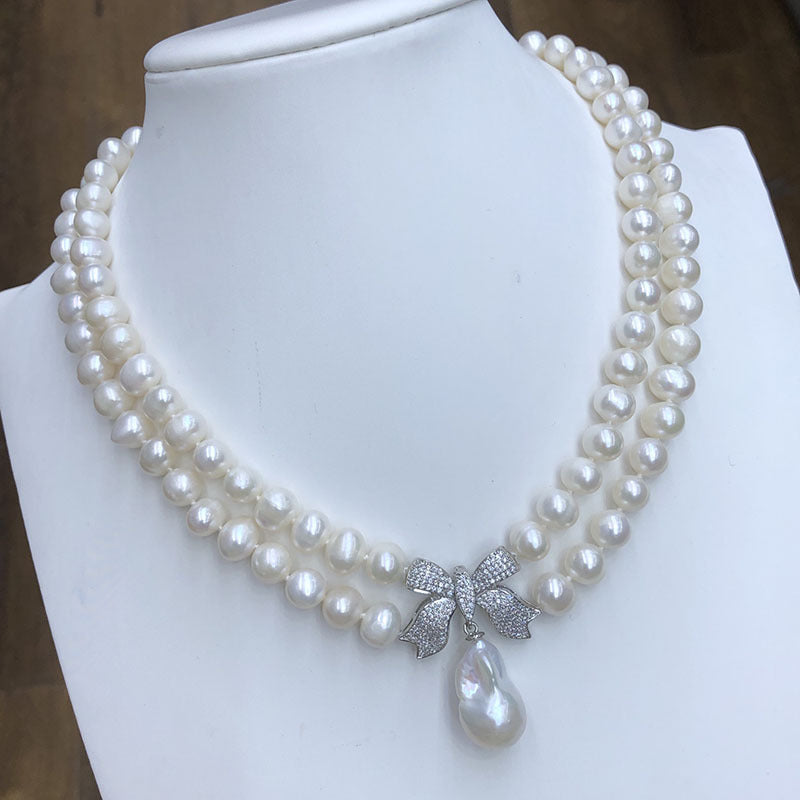 Natural Freshwater Pearl Necklace, Women's Versatile Multi-Layer Bowknot Princess Chain