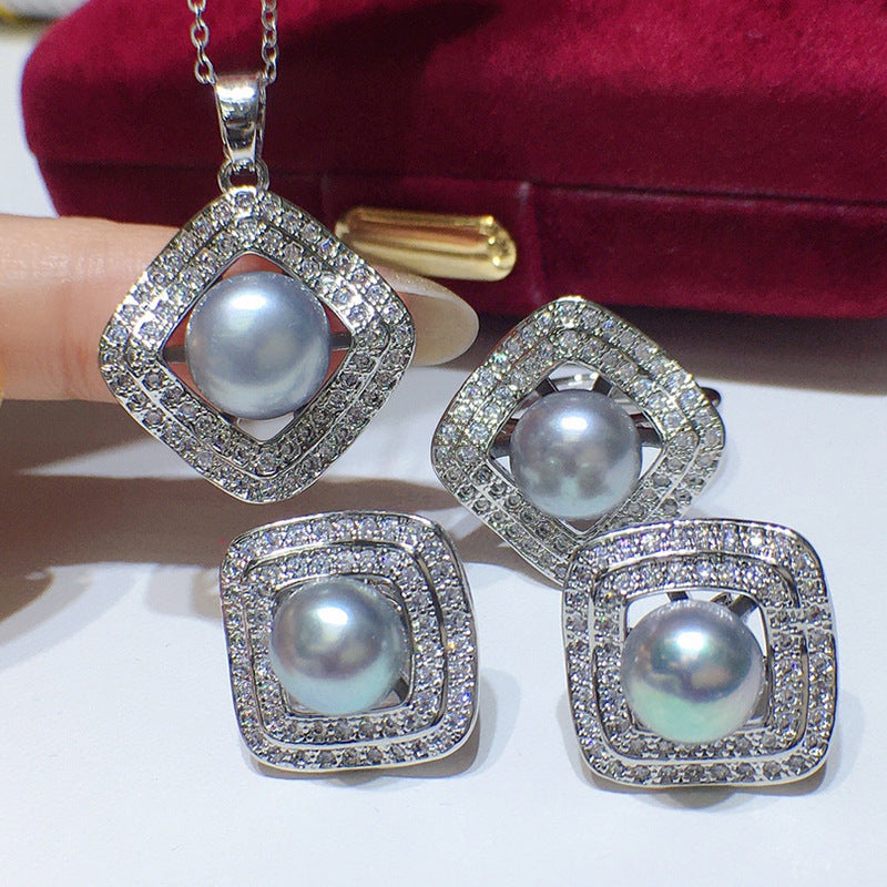 High Luster Freshwater Pearl Set - 18k Gold, Micro-Pave Diamonds, Holiday Gift