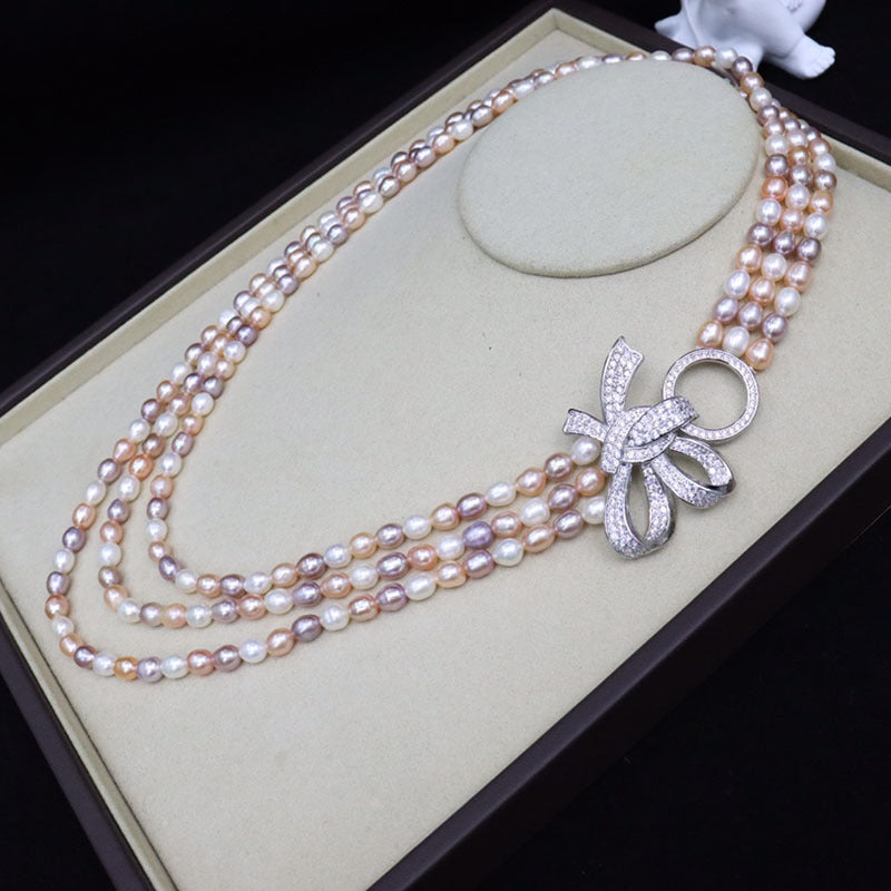 Natural freshwater pearl necklace for women 5-6mm rice pearls 18k gold-plated, full of diamonds, bow