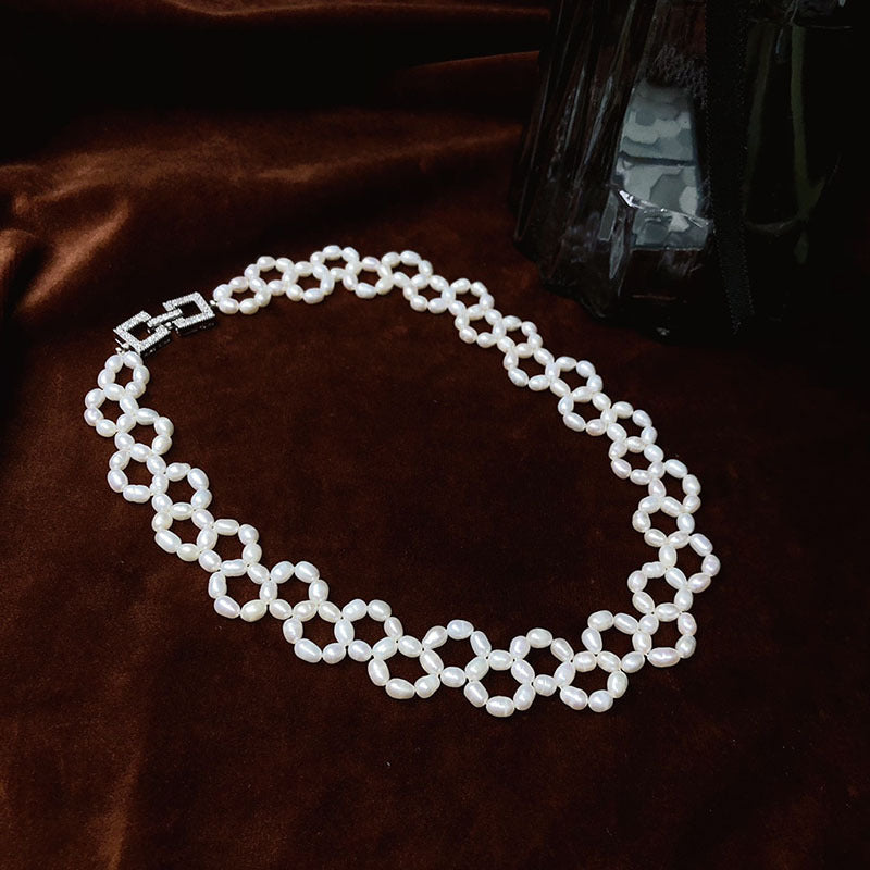 French style vintage natural freshwater pearl necklace hand-woven rice-shaped pearl clavicle chain