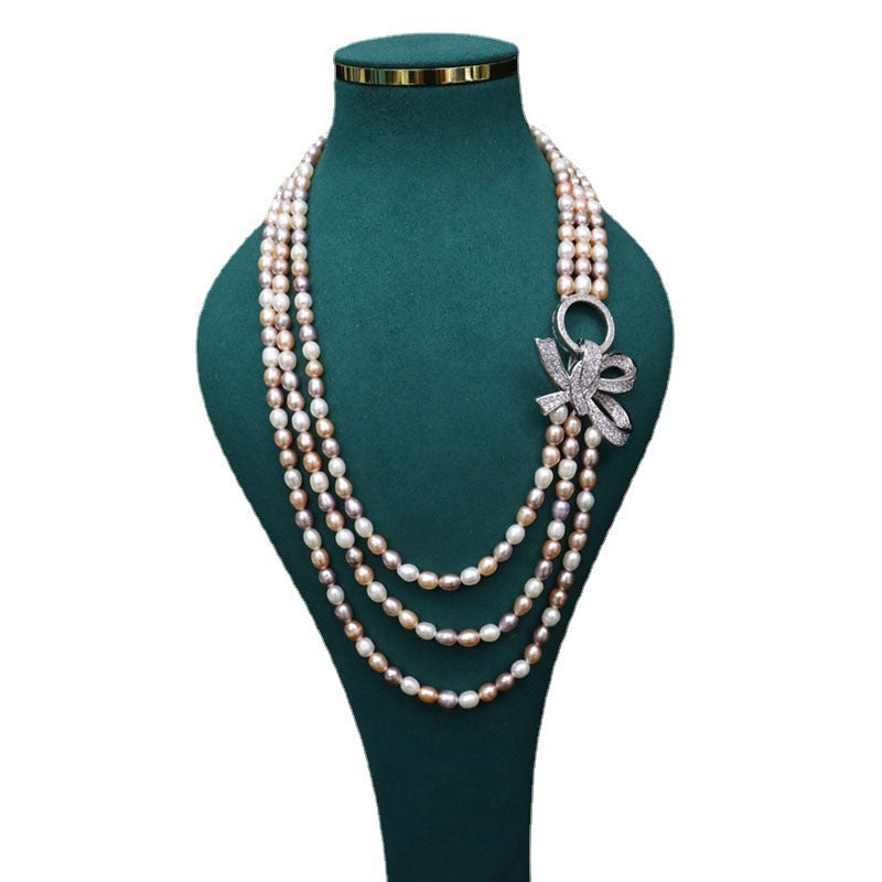 Natural freshwater pearl necklace for women 5-6mm rice pearls 18k gold-plated, full of diamonds, bow