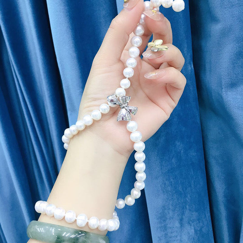 Freshwater Pearl Necklace for Women, 8-9mm, Adjustable Bowknot Clasp, Elegant Minimalist Choker