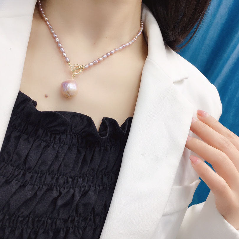 Natural Baroque Freshwater Pearl Necklace, 4-12mm Purple Rice Pearls with OT Clasp, Trendy Fashion Western Style