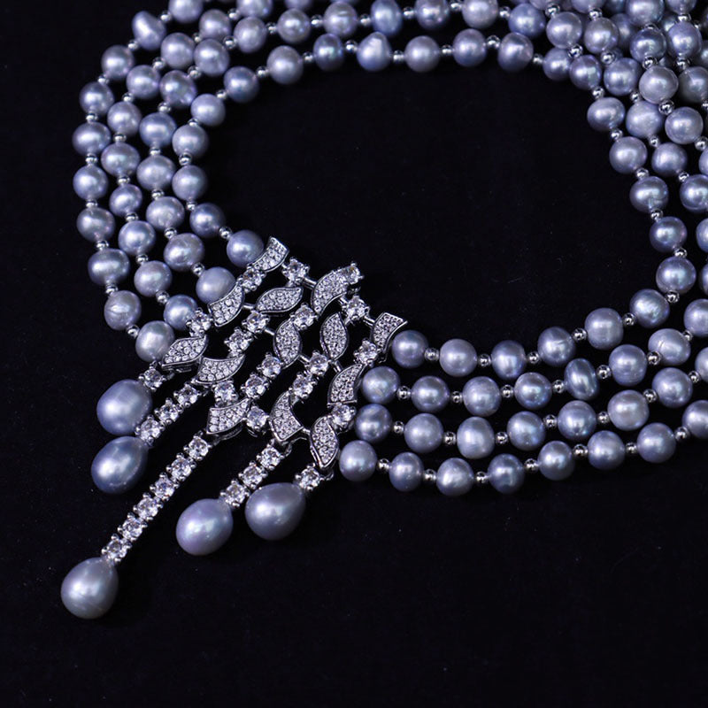 Retro freshwater pearl three-layer fashion luxury design clavicle necklace jewelry