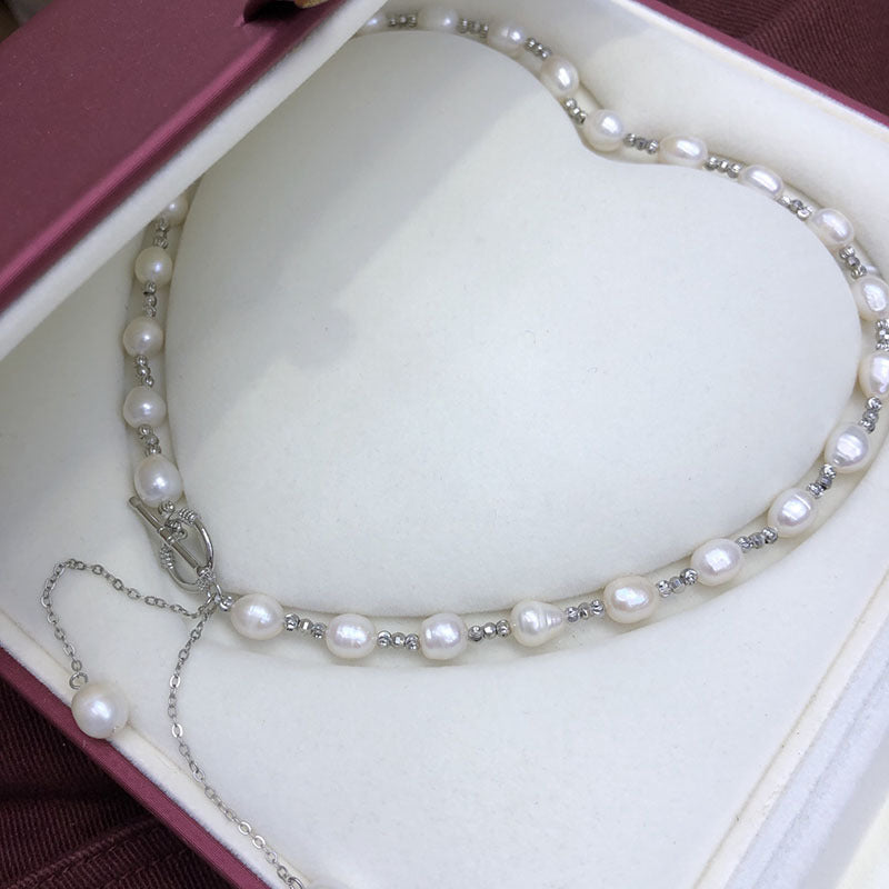 Natural freshwater rice-shaped fashionable versatile OT buckle short pearl clavicle necklace