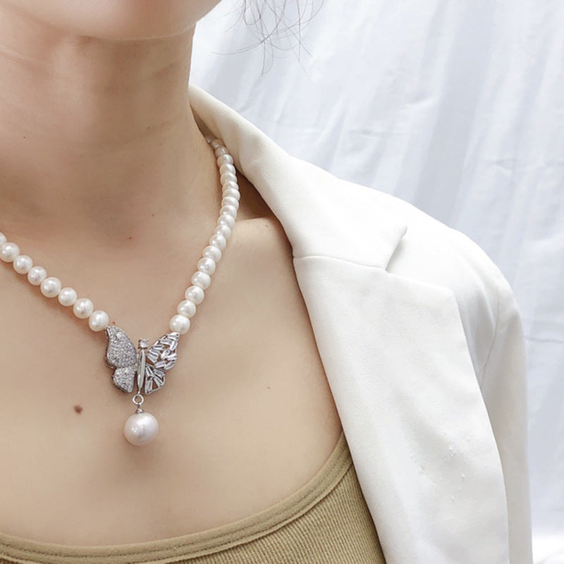 natural freshwater pearl necklace women's fashion versatile jewelry cold wind niche design sense collarbone chain wholesale