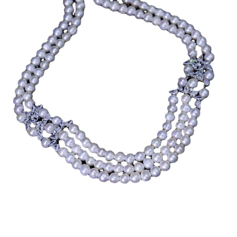 Manufacturer wholesale natural freshwater pearl necklace women, light luxury niche design sense fashion temperament, three-layer collarbone chain