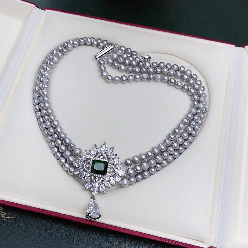 "Three-Layer Freshwater Pearl Necklace | Vintage Gray Choker for Women"