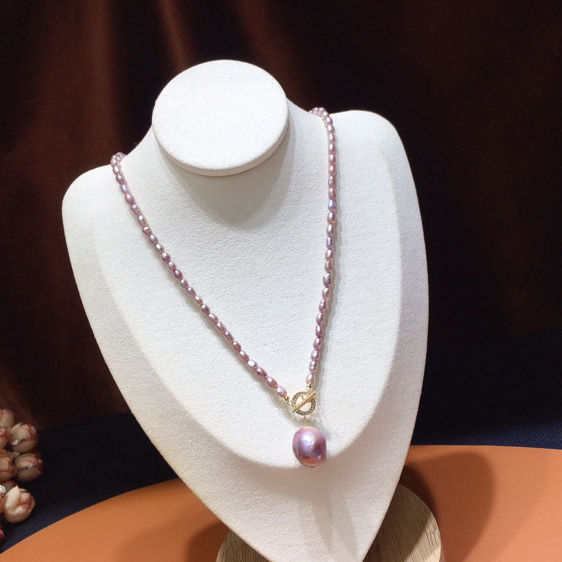 Natural Baroque Freshwater Pearl Necklace, 4-12mm Purple Rice Pearls with OT Clasp, Trendy Fashion Western Style