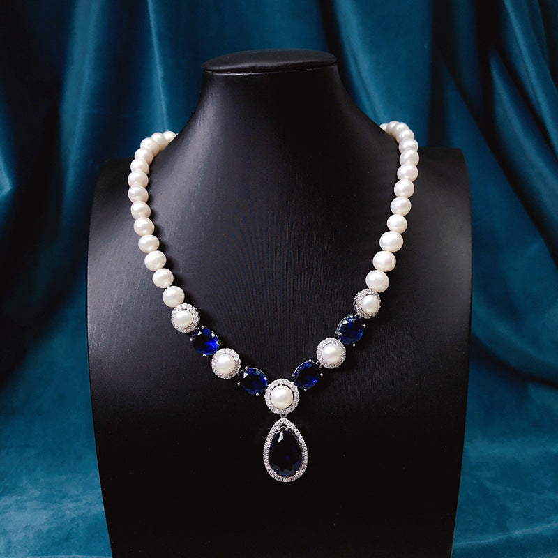 Natural freshwater pearl necklace simple fashion sapphire inlaid clavicle chain