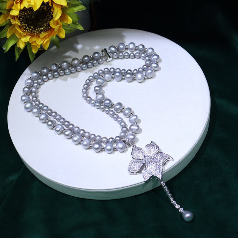 Freshwater pearl necklace wholesale women's Japanese and Korean light luxury double-layer gray beads mix and match fashionable simple neck chain