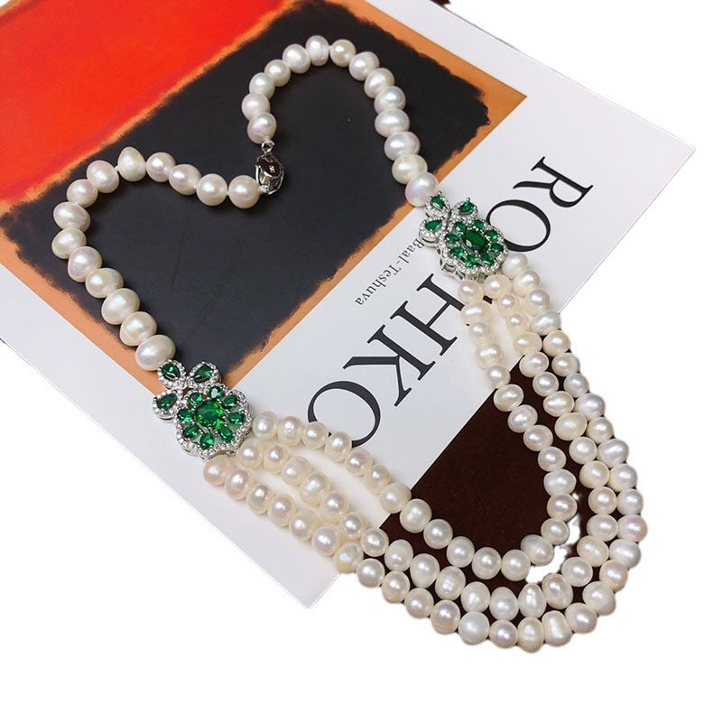 Natural freshwater pearl necklace for women retro three-layer short fashion jewelry niche design