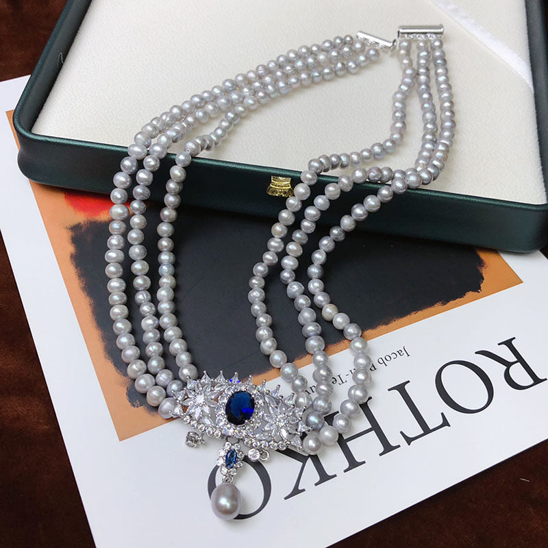 French retro freshwater pearl three-layer necklace