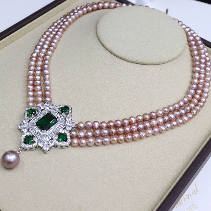 Vintage freshwater pearl necklace 5-6mm strong light nearly round micro-flaw three layers stacked wearing elegant jewelry holiday gift 351