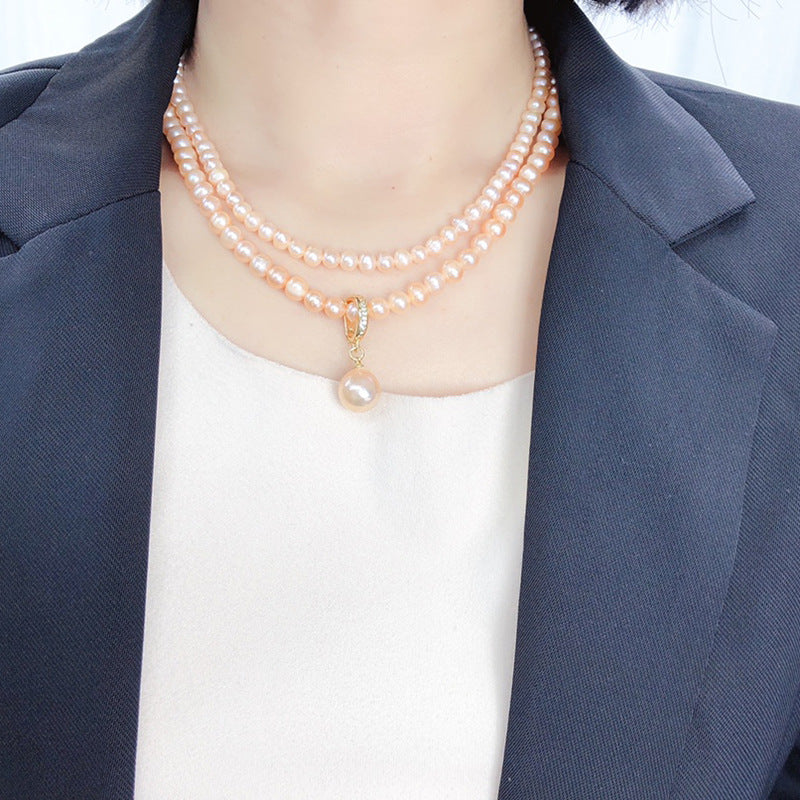 Natural Freshwater Pink Pearl Necklace for Women - Double-Layer Elegant Stylish Minimalist Clavicle Chain