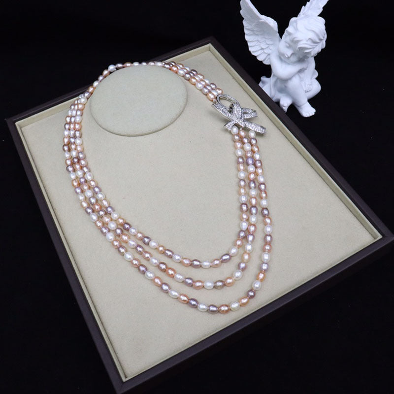 Natural freshwater pearl necklace for women 5-6mm rice pearls 18k gold-plated, full of diamonds, bow