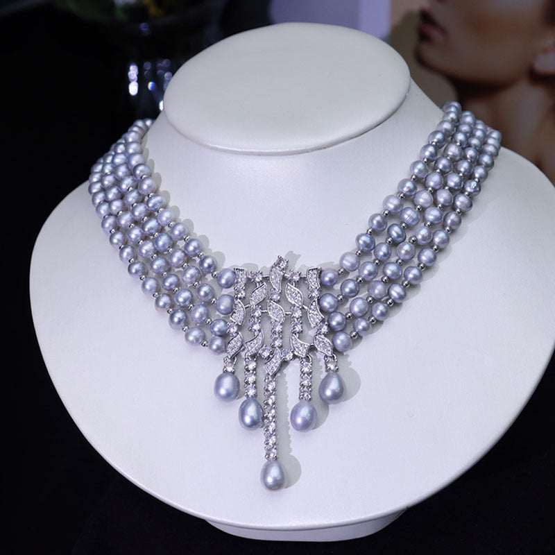 Retro freshwater pearl three-layer fashion luxury design clavicle necklace jewelry