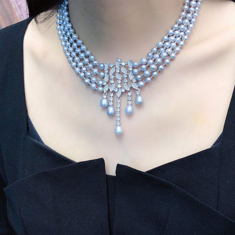 Retro freshwater pearl three-layer fashion luxury design clavicle necklace jewelry