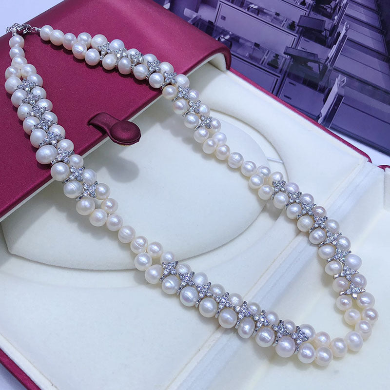 Freshwater pearls, rhinestones, petals, skirt clavicle necklace