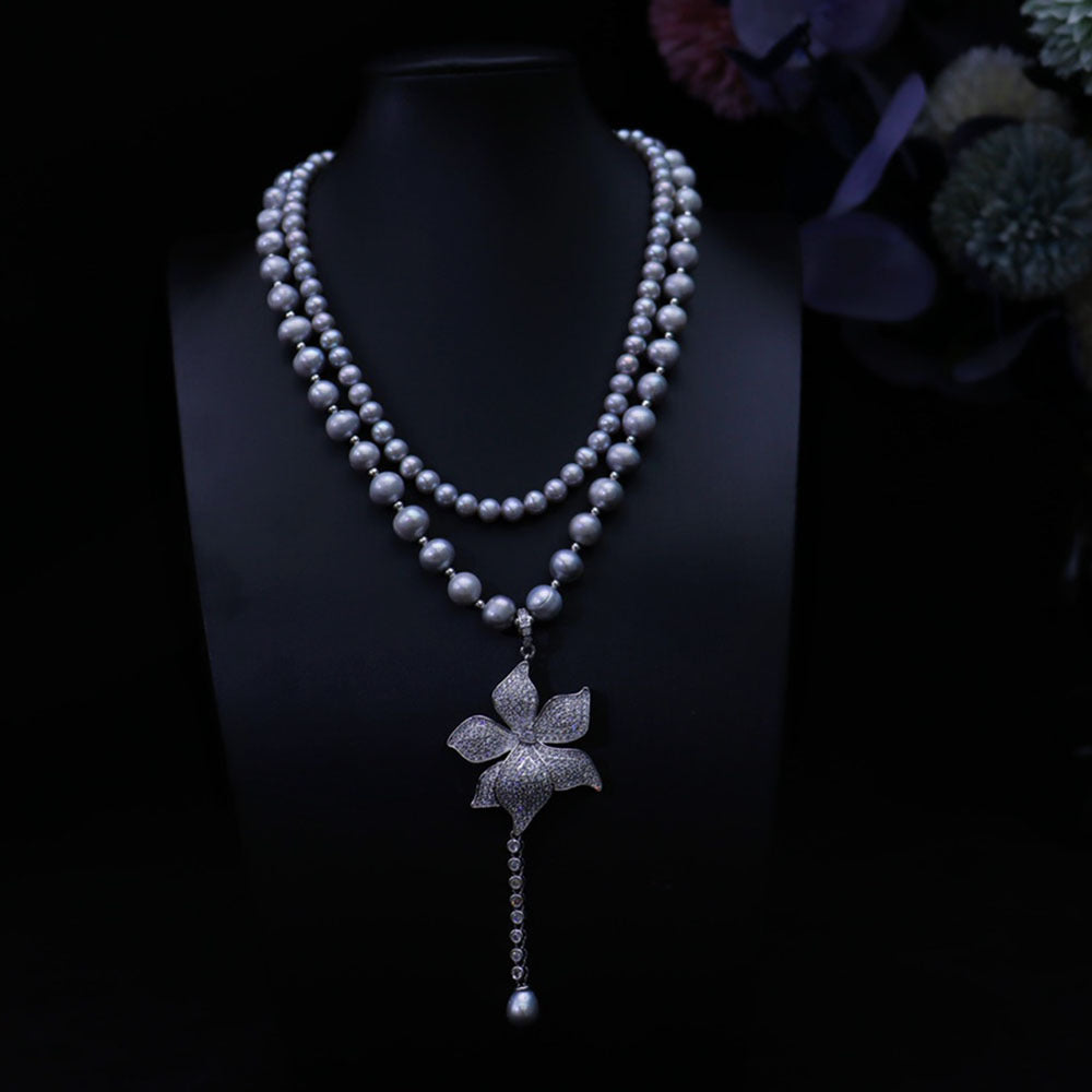 Freshwater pearl necklace wholesale women's Japanese and Korean light luxury double-layer gray beads mix and match fashionable simple neck chain