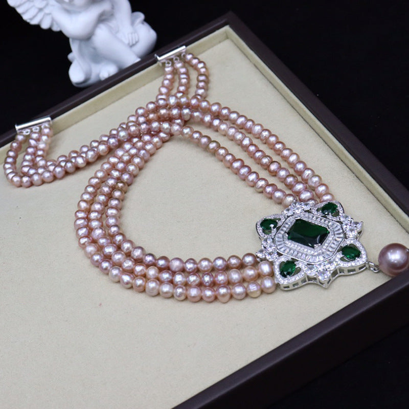 Vintage freshwater pearl necklace 5-6mm strong light nearly round micro-flaw three layers stacked wearing elegant jewelry holiday gift 351