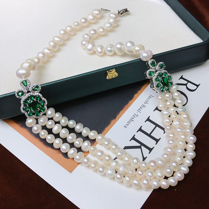 Natural freshwater pearl necklace for women retro three-layer short fashion jewelry niche design
