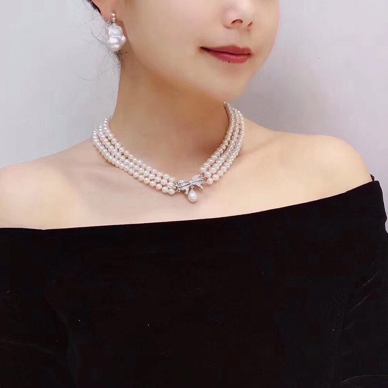Vintage freshwater pearl three-layer fashionable versatile jewelry niche design pearl clavicle necklace wholesale
