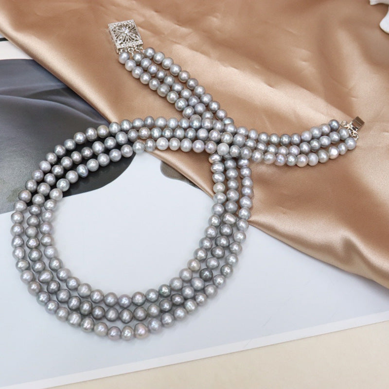 Freshwater Pearl Necklace Grey Light Luxury French Three-layer Necklace Clavicle Chain