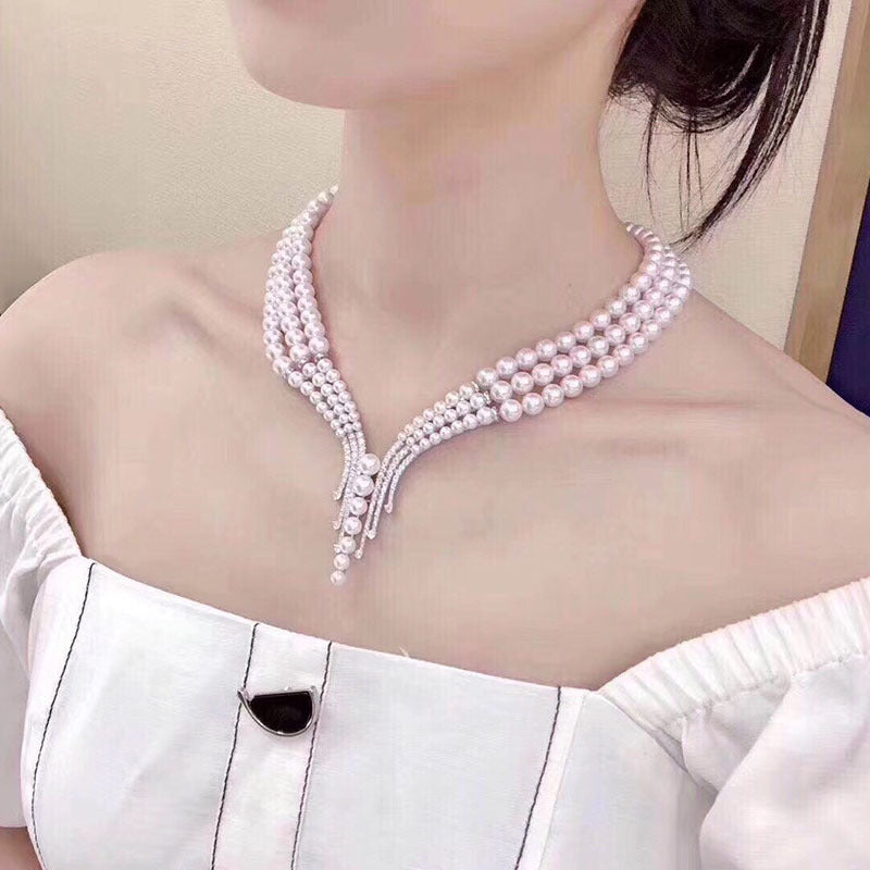Natural freshwater pearl necklace 5--6mm rhinestone short evening dress bridal jewelry