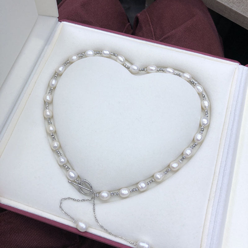 Natural freshwater rice-shaped fashionable versatile OT buckle short pearl clavicle necklace