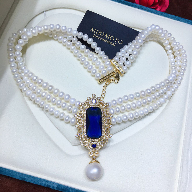 French retro freshwater pearl necklace female white versatile multi-layer fashion personality retro court style French style