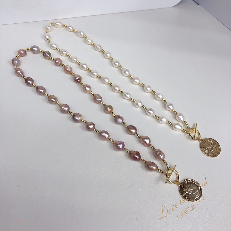 "Baroque Pearl Sweater Necklace | Vintage Coin Pendant with OT Clasp"