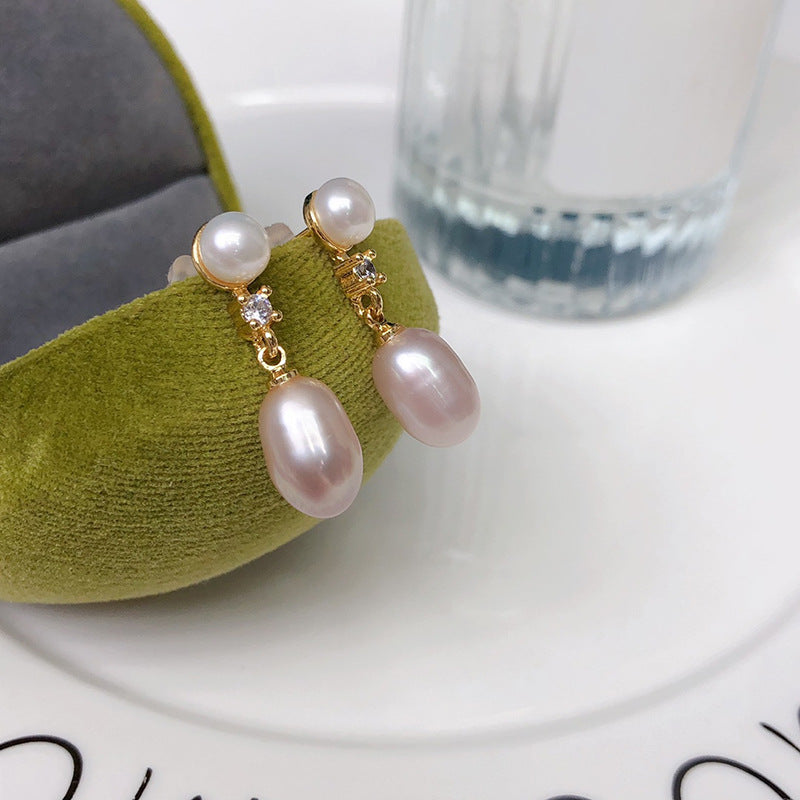 Double beads new freshwater pearl stud earrings women's fresh and versatile jewelry niche design sense popular pearl earrings wholesale
