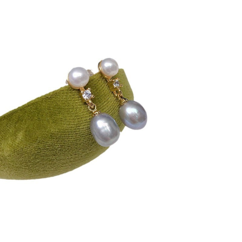 Double beads new freshwater pearl stud earrings women's fresh and versatile jewelry niche design sense popular pearl earrings wholesale